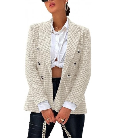 Tweed Blazer for Women Double-Breasted Plaid Coat Long Sleeve Jacket with Pockets Beige $19.80 Blazers