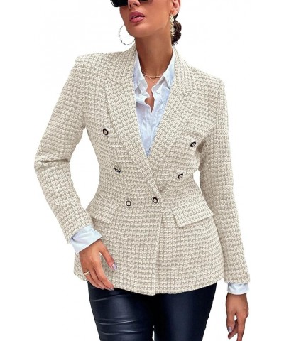 Tweed Blazer for Women Double-Breasted Plaid Coat Long Sleeve Jacket with Pockets Beige $19.80 Blazers