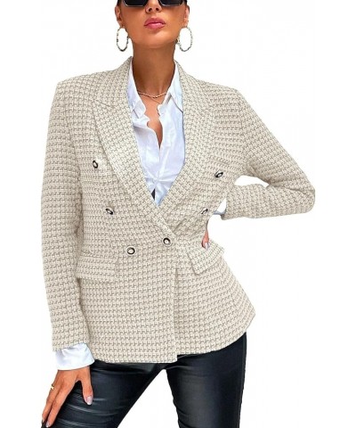 Tweed Blazer for Women Double-Breasted Plaid Coat Long Sleeve Jacket with Pockets Beige $19.80 Blazers