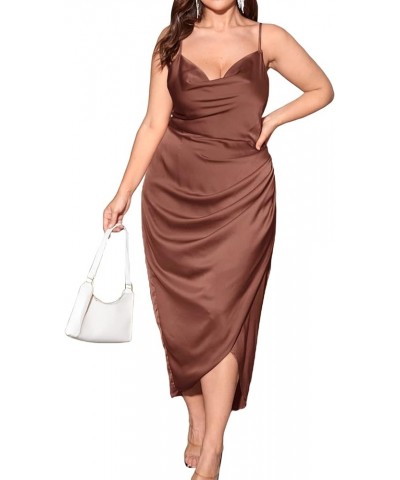 Women's Plus Size Satin Silk Cowl Neck Ruched Wrap Long Cami Dress Chocolate Brown $16.80 Dresses