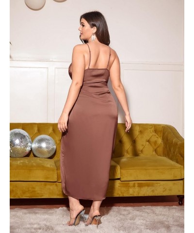 Women's Plus Size Satin Silk Cowl Neck Ruched Wrap Long Cami Dress Chocolate Brown $16.80 Dresses