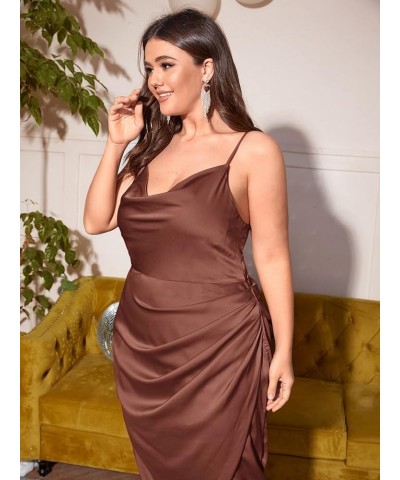 Women's Plus Size Satin Silk Cowl Neck Ruched Wrap Long Cami Dress Chocolate Brown $16.80 Dresses