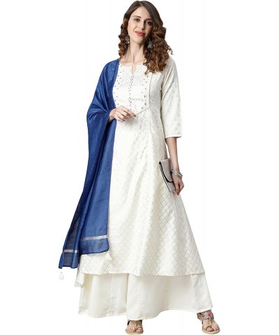 Indian Women's Off- White Yoke Printed Poly Silk Kurta with Palazzo and Dupatta $30.15 Tops