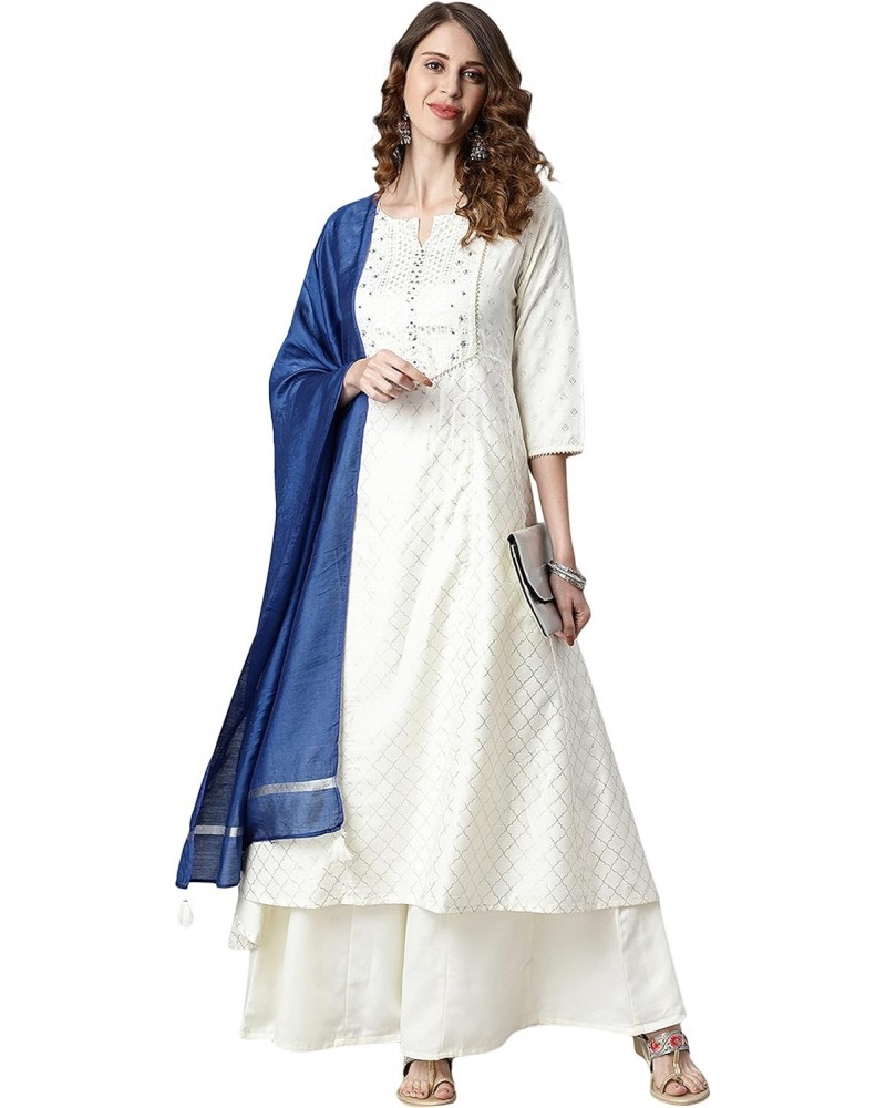 Indian Women's Off- White Yoke Printed Poly Silk Kurta with Palazzo and Dupatta $30.15 Tops