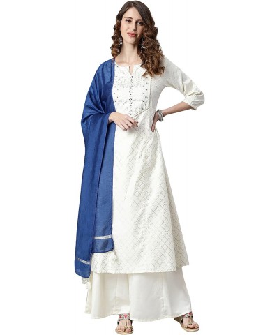 Indian Women's Off- White Yoke Printed Poly Silk Kurta with Palazzo and Dupatta $30.15 Tops