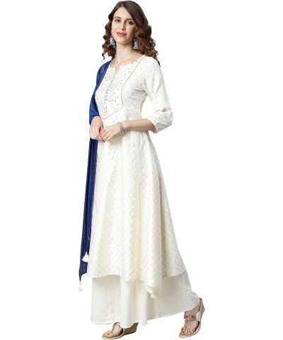 Indian Women's Off- White Yoke Printed Poly Silk Kurta with Palazzo and Dupatta $30.15 Tops