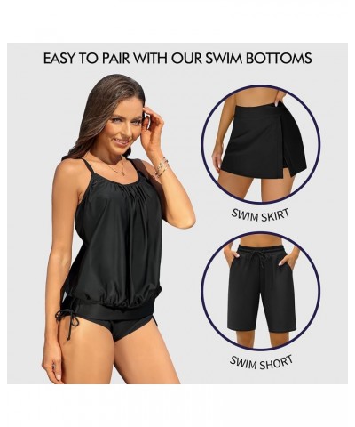 Womens Blouson Tankini Tops Only Loose Fit Swim Top Scoop Neck Bathing Suits Top Padded Swimsuit Top No Bottom Black $19.13 S...