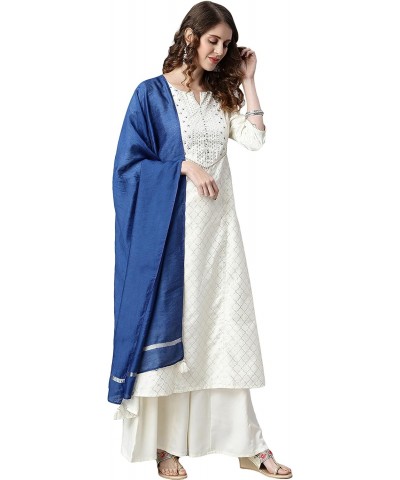 Indian Women's Off- White Yoke Printed Poly Silk Kurta with Palazzo and Dupatta $30.15 Tops