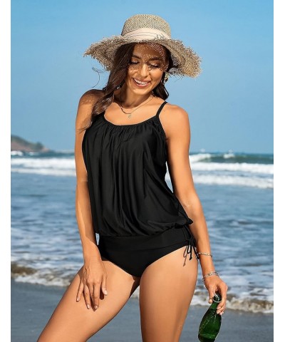 Womens Blouson Tankini Tops Only Loose Fit Swim Top Scoop Neck Bathing Suits Top Padded Swimsuit Top No Bottom Black $19.13 S...