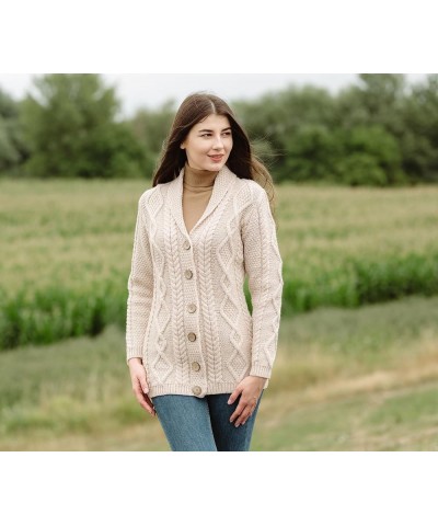 Shawl Neck Cardigan for Ladies 100% Merino Wool Buttoned V-Neck Sweater Made in Ireland Parsnip $45.54 Sweaters