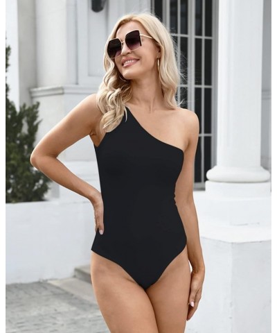 Womens Sexy One Shoulder Long Sleeve Bodysuit Tops Scoop Neck Jumpsuits B-black $9.60 Jumpsuits