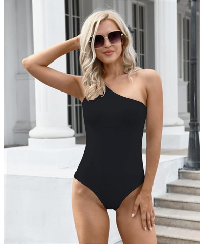 Womens Sexy One Shoulder Long Sleeve Bodysuit Tops Scoop Neck Jumpsuits B-black $9.60 Jumpsuits