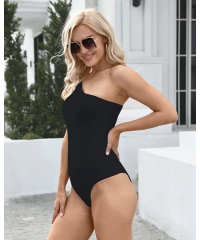 Womens Sexy One Shoulder Long Sleeve Bodysuit Tops Scoop Neck Jumpsuits B-black $9.60 Jumpsuits