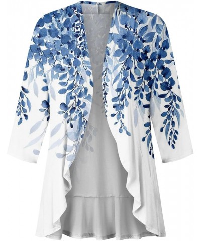 Cardigan for Women,2023 Summer Dressy Casual Open Front 3/4 Sleeve Tops Trendy Floral Ruffle Irregular Hem Shirts C-blue $7.6...