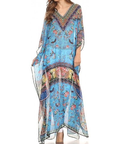 Wilder Printed Design Long Sheer Rhinestone Caftan Dress/Cover Up Turq Bright Green / Multi $29.49 Swimsuits