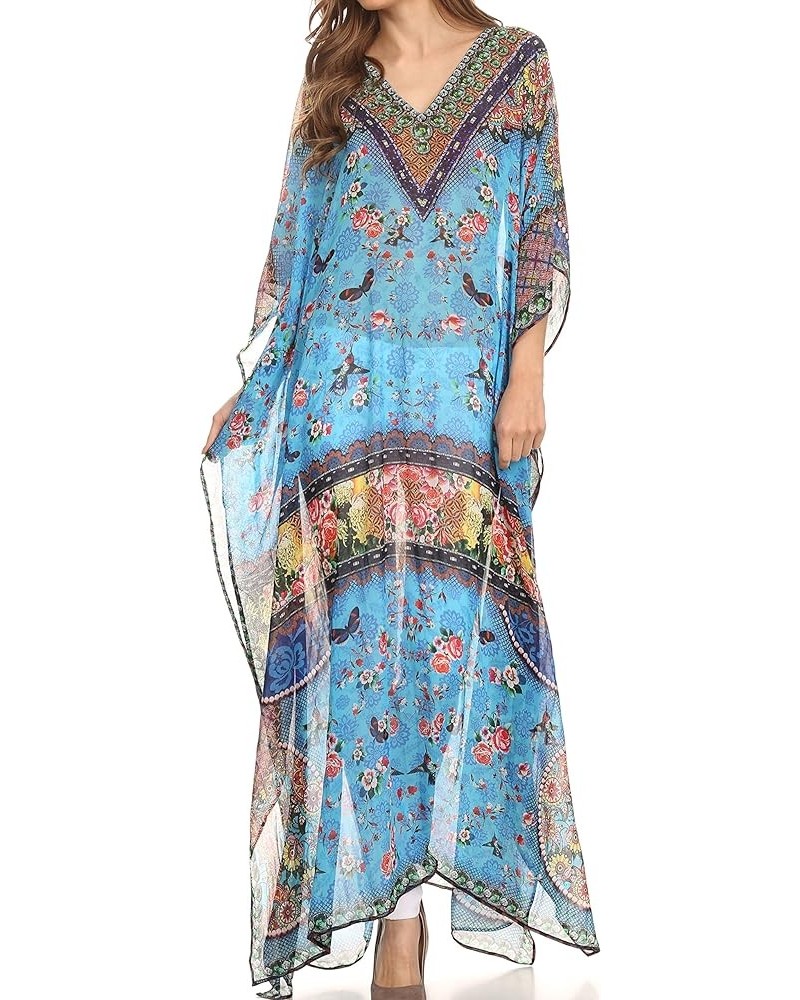 Wilder Printed Design Long Sheer Rhinestone Caftan Dress/Cover Up Turq Bright Green / Multi $29.49 Swimsuits