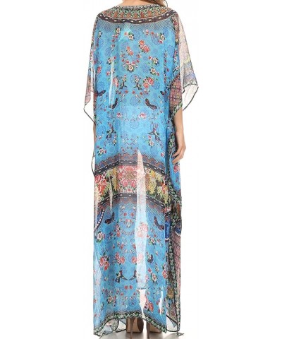 Wilder Printed Design Long Sheer Rhinestone Caftan Dress/Cover Up Turq Bright Green / Multi $29.49 Swimsuits