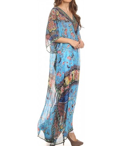 Wilder Printed Design Long Sheer Rhinestone Caftan Dress/Cover Up Turq Bright Green / Multi $29.49 Swimsuits