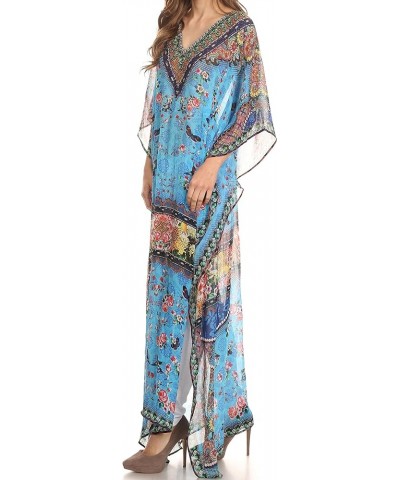 Wilder Printed Design Long Sheer Rhinestone Caftan Dress/Cover Up Turq Bright Green / Multi $29.49 Swimsuits