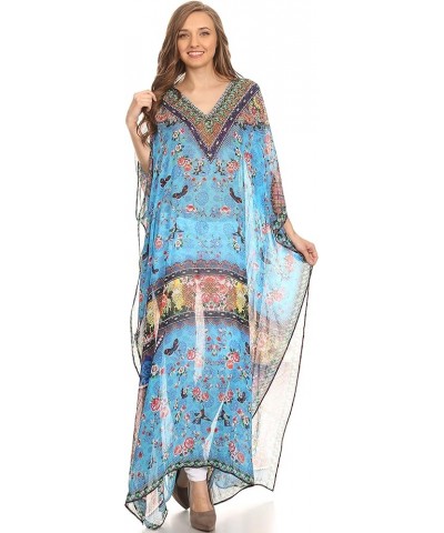 Wilder Printed Design Long Sheer Rhinestone Caftan Dress/Cover Up Turq Bright Green / Multi $29.49 Swimsuits