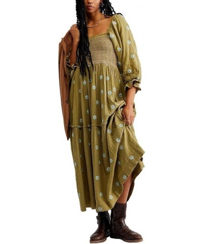 Women Boho Deep V Neck Puff Sleeve Maxi Dress Casual Floral Chiffon Tiered Flowy Swing Party Long Dress Square Neck Green $13...