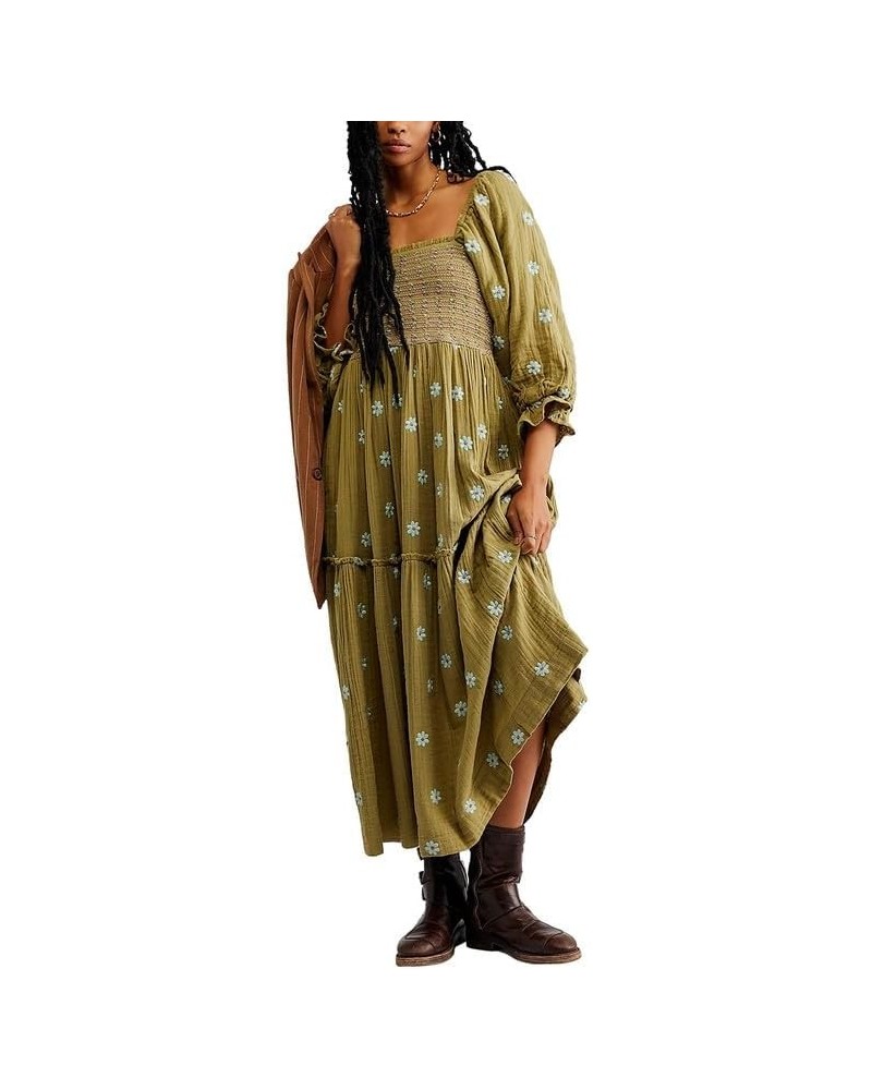 Women Boho Deep V Neck Puff Sleeve Maxi Dress Casual Floral Chiffon Tiered Flowy Swing Party Long Dress Square Neck Green $13...