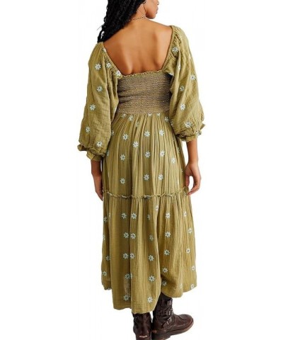 Women Boho Deep V Neck Puff Sleeve Maxi Dress Casual Floral Chiffon Tiered Flowy Swing Party Long Dress Square Neck Green $13...