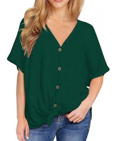 Womens Loose Henley Blouse Bat Wing Short Sleeve Button Down T Shirts Tie Front Knot Tops 12 Dark Green $15.80 Tops