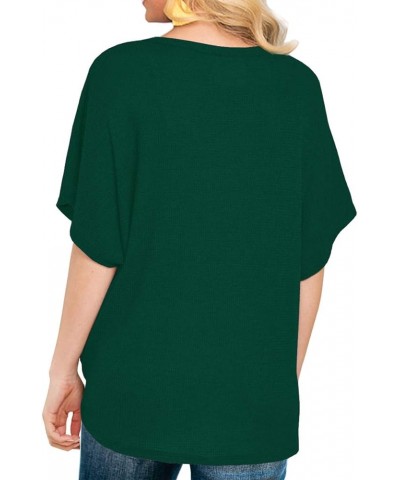 Womens Loose Henley Blouse Bat Wing Short Sleeve Button Down T Shirts Tie Front Knot Tops 12 Dark Green $15.80 Tops