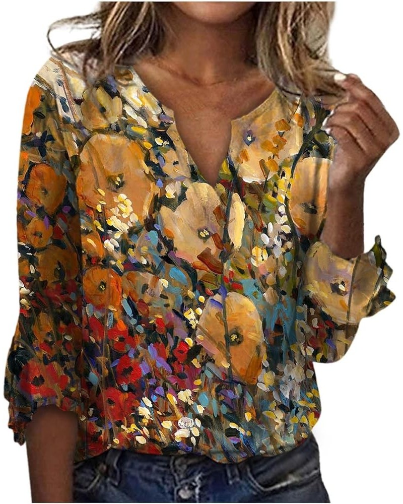 Outfits for Women Women's Loose Casual Three-Quarter Sleeves V-Neck Lace Floral Print T-Shirt Top 4-orange $8.93 T-Shirts