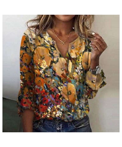 Outfits for Women Women's Loose Casual Three-Quarter Sleeves V-Neck Lace Floral Print T-Shirt Top 4-orange $8.93 T-Shirts