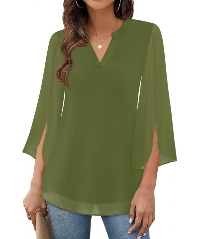 Women's 3/4 Sleeve Chiffon Blouse Shirt V Neck Dressy Tunic Tops Fern Green $12.60 Blouses