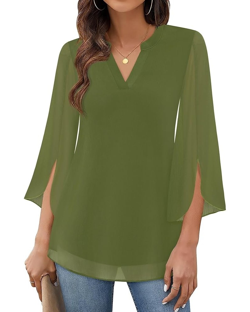 Women's 3/4 Sleeve Chiffon Blouse Shirt V Neck Dressy Tunic Tops Fern Green $12.60 Blouses