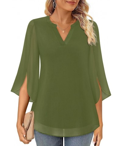 Women's 3/4 Sleeve Chiffon Blouse Shirt V Neck Dressy Tunic Tops Fern Green $12.60 Blouses