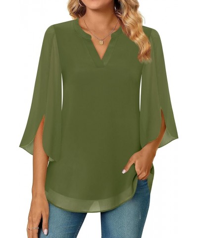 Women's 3/4 Sleeve Chiffon Blouse Shirt V Neck Dressy Tunic Tops Fern Green $12.60 Blouses