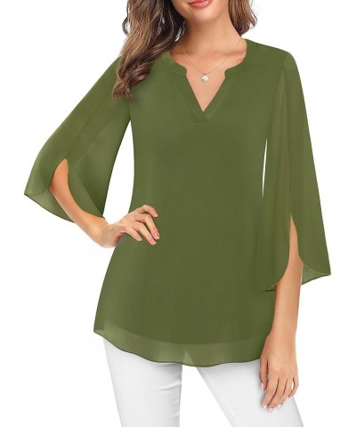 Women's 3/4 Sleeve Chiffon Blouse Shirt V Neck Dressy Tunic Tops Fern Green $12.60 Blouses