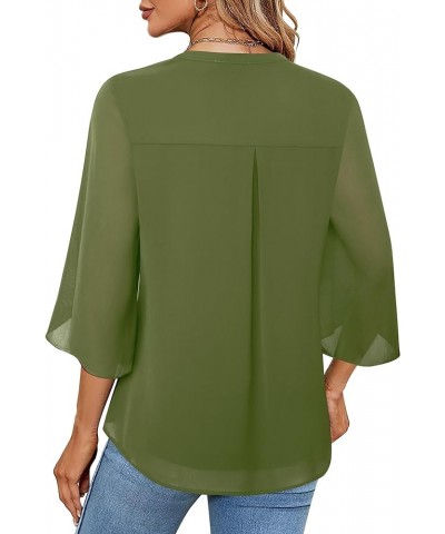 Women's 3/4 Sleeve Chiffon Blouse Shirt V Neck Dressy Tunic Tops Fern Green $12.60 Blouses