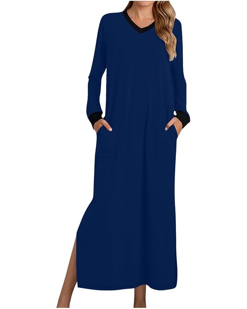 Women's Nightshirt Long Sleeve Nightgown V Neck Sleepwear Full Length Pajama Dress with Pockets Soft Loungewear 01 Blue $11.2...