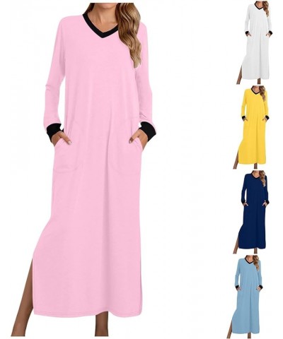 Women's Nightshirt Long Sleeve Nightgown V Neck Sleepwear Full Length Pajama Dress with Pockets Soft Loungewear 01 Blue $11.2...