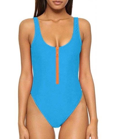 Women Sexy Zipper Front Low Back High Cut One Piece Swimsuit Bathing Suit Blue $17.84 Swimsuits