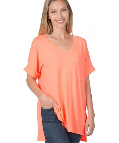 Rolled Short Sleeve Side Slit HI-Low Hem TOP Neon Coral $10.48 Blouses