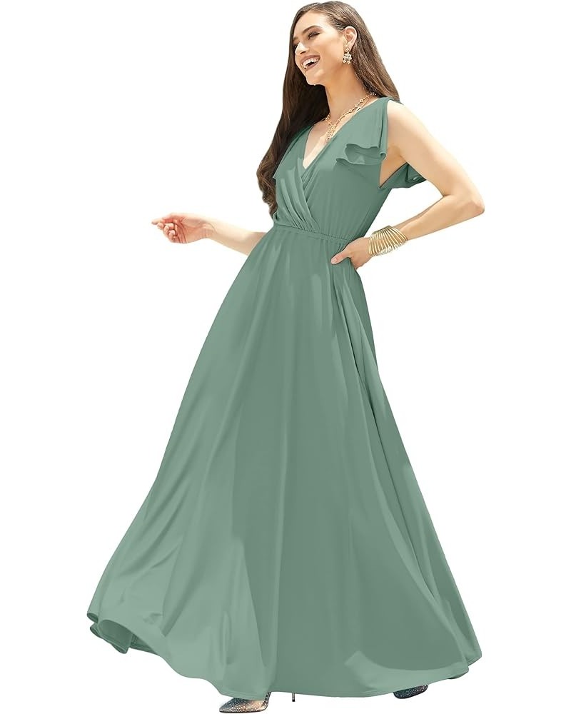 Womens Long V-Neck Ruffle Sleeveless Bridesmaid Prom Gown Maxi Dress Seafoam Pale Green $22.03 Dresses