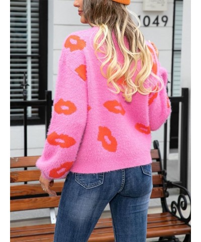 Women Cute Heart Print Sweaters Sexy Lips Graphic Long Sleeve Crewneck Knitted Pullover Fall Winter Jumper G Rose Red Lips $1...