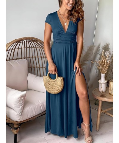 Women's Deep V Neck Short Sleeve Long Dresses Pleated High Waist Slit Club Party Evening Maxi Dress Deep Blue $25.85 Dresses