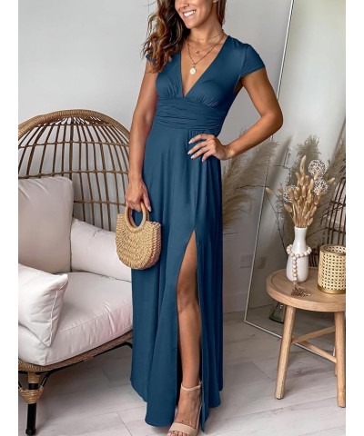 Women's Deep V Neck Short Sleeve Long Dresses Pleated High Waist Slit Club Party Evening Maxi Dress Deep Blue $25.85 Dresses