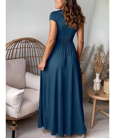 Women's Deep V Neck Short Sleeve Long Dresses Pleated High Waist Slit Club Party Evening Maxi Dress Deep Blue $25.85 Dresses