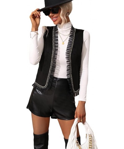 Women's Ruffle Trim Open Front Vest Jacket Sleeveless Casual Cardigan Outwear Tops Black $12.04 Vests