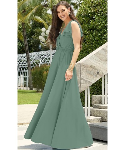 Womens Long V-Neck Ruffle Sleeveless Bridesmaid Prom Gown Maxi Dress Seafoam Pale Green $22.03 Dresses