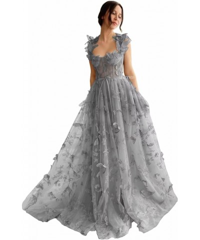 3D Butterfly Prom Dresses 2024 Long Lace Applique Tulle Ball Gown for Women Formal Evening Party Gown with Slit Silver $39.90...