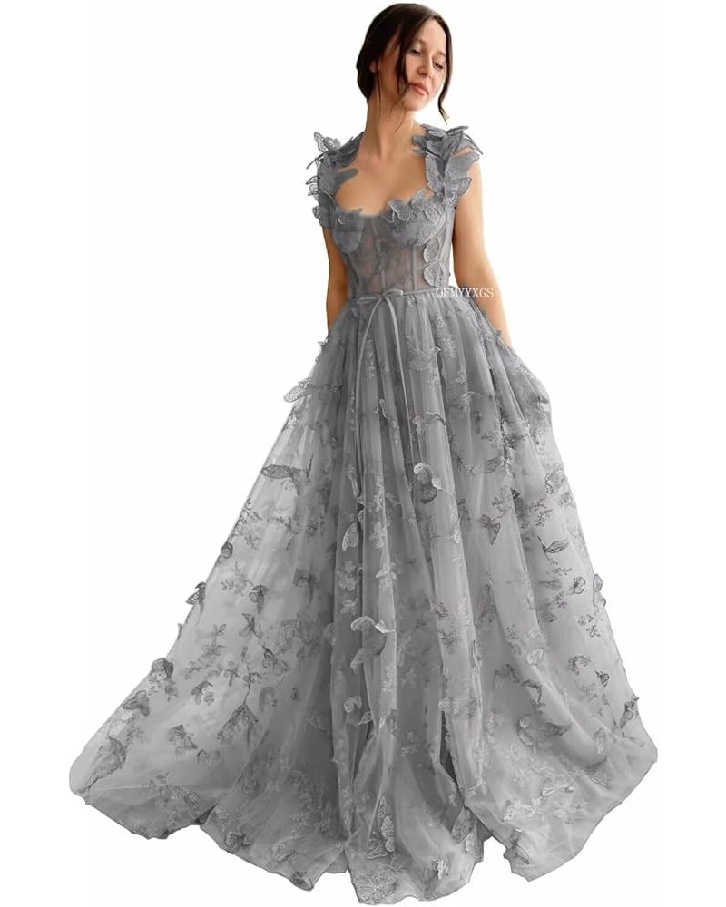 3D Butterfly Prom Dresses 2024 Long Lace Applique Tulle Ball Gown for Women Formal Evening Party Gown with Slit Silver $39.90...